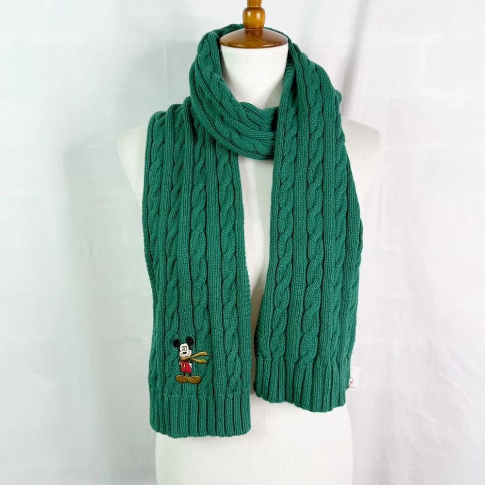 Disney Mickey Mouse Green Scarf Cable Knit Long Embroidered Mickey NEW N…